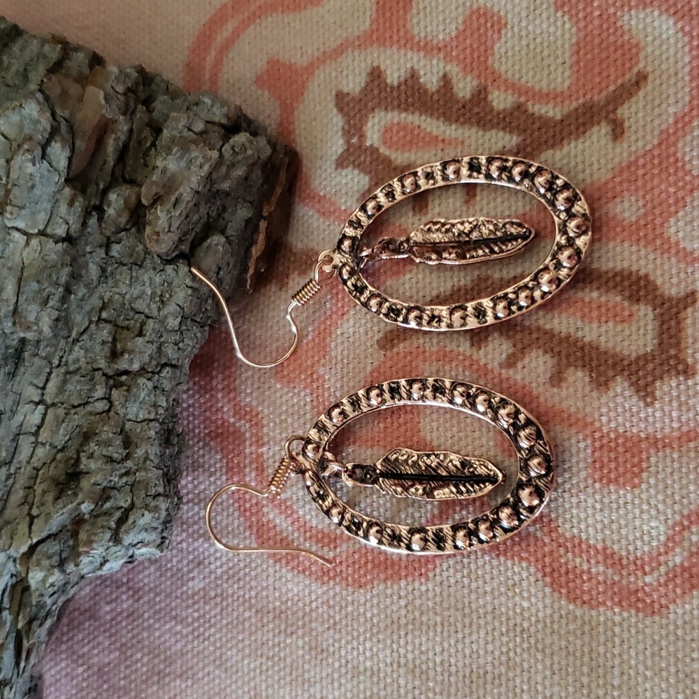 Feather Hoop Earrings. Oval Flower Floral Copper Color Boho Cowgirl Western - Picture 6 of 9